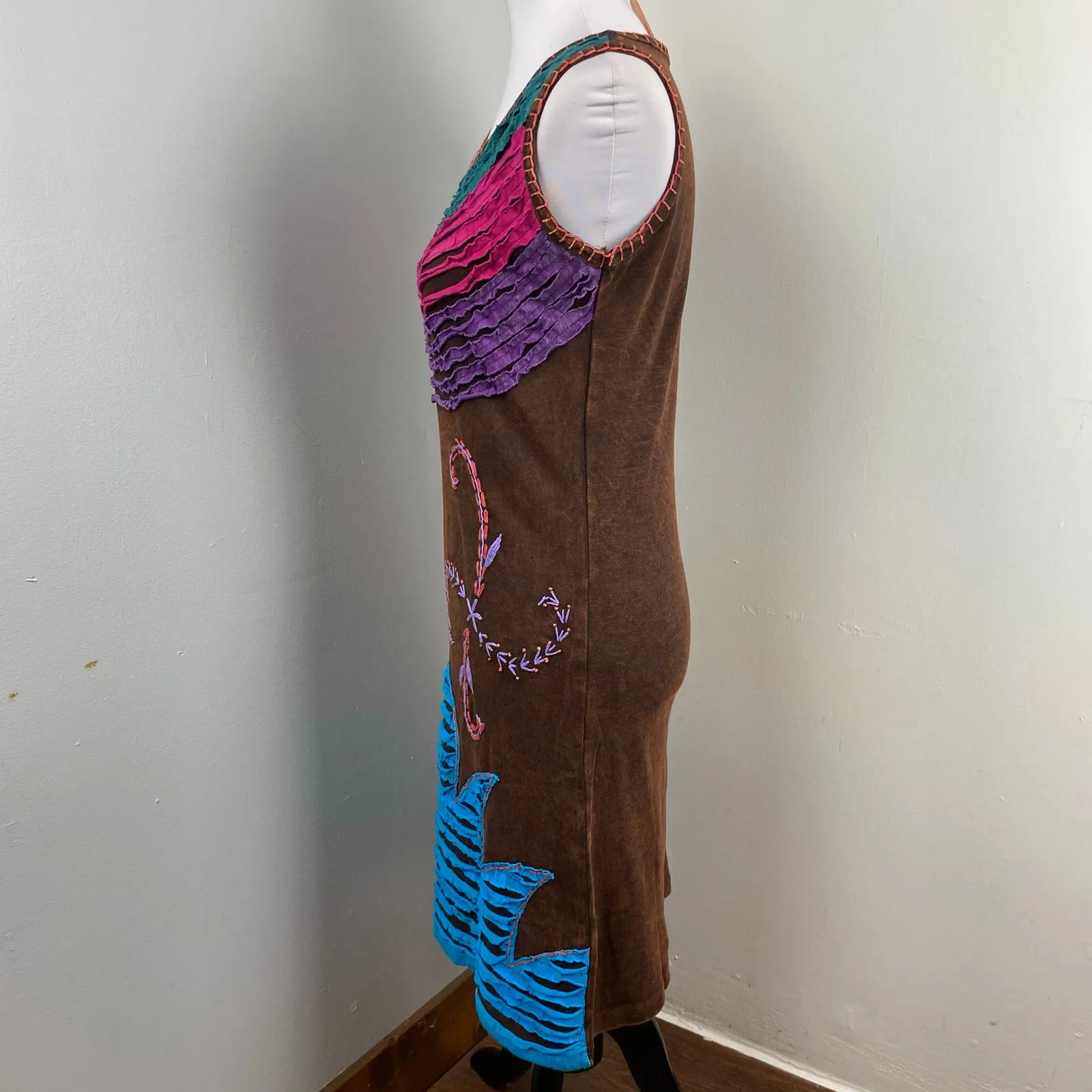 KPC Boho Multicolored Razor Cut Handcrafted Embroidered Bodycon Dress XXL Brown - Image 6