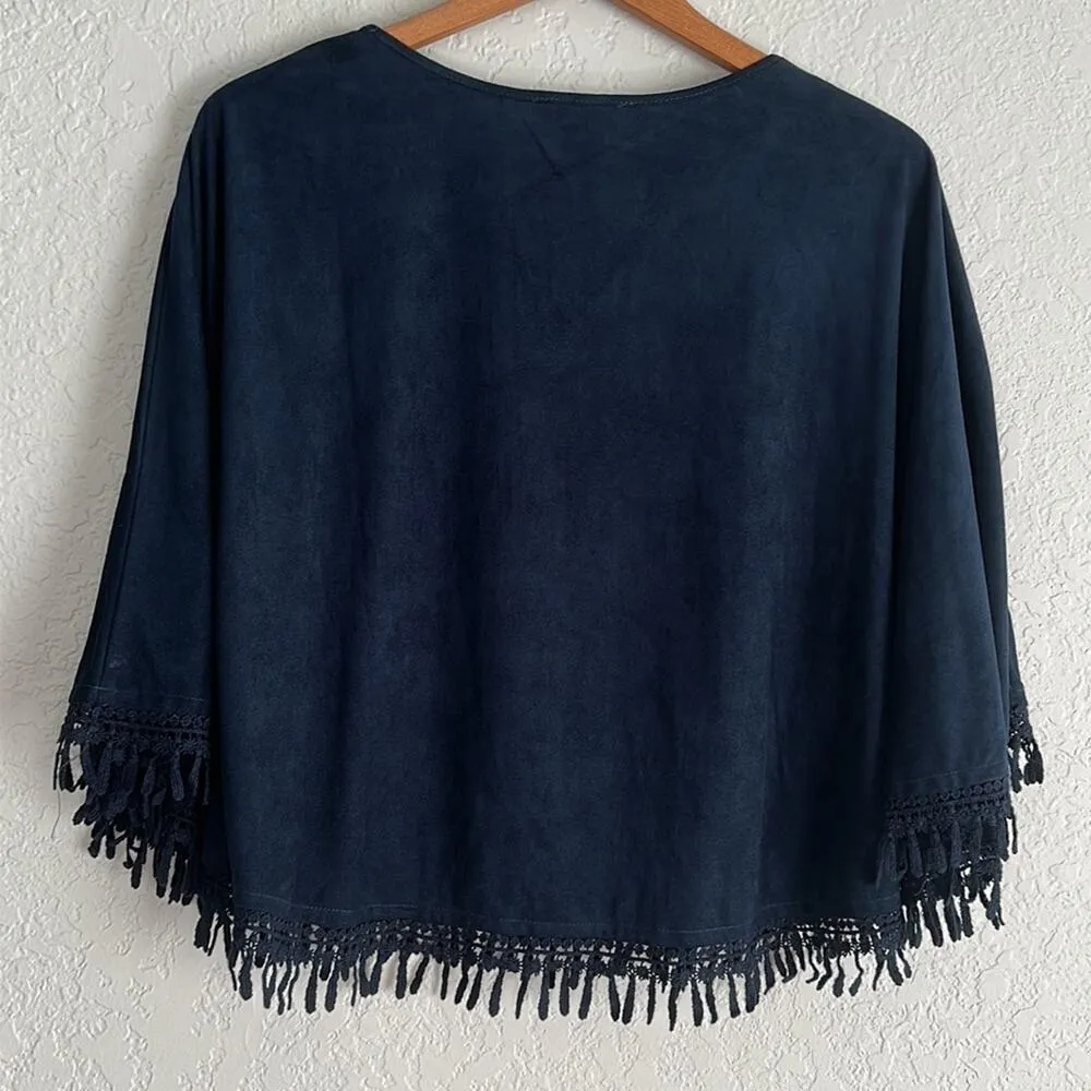 Flying Tomato Blue Suede Embroidered Batwing Top Fringe Cowgirl Western Festival - Image 6