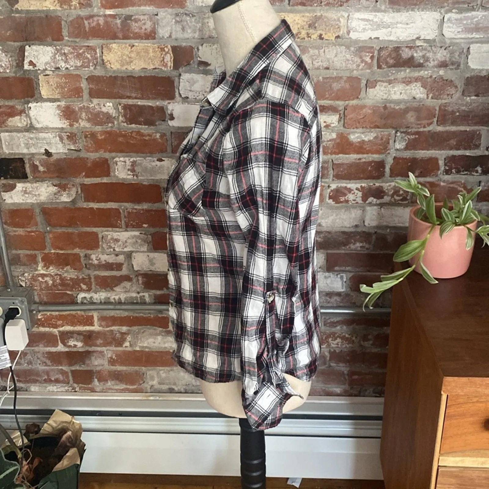 Primark  Red Black and White Plaid Long Sleeve Button Down Shirt Size 2 - Image 3