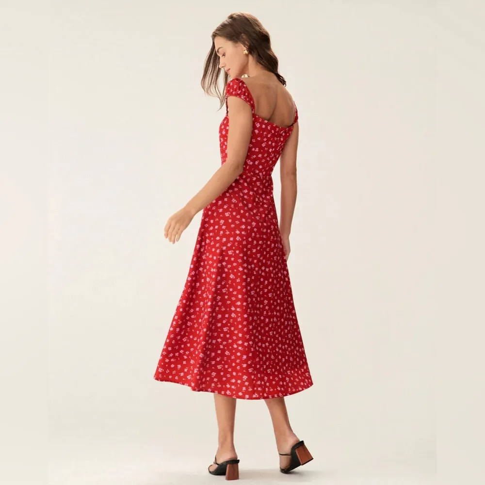 Rihoas Red Floral Sweetheart Neck Cap Sleeve Midi Dress - Image 4