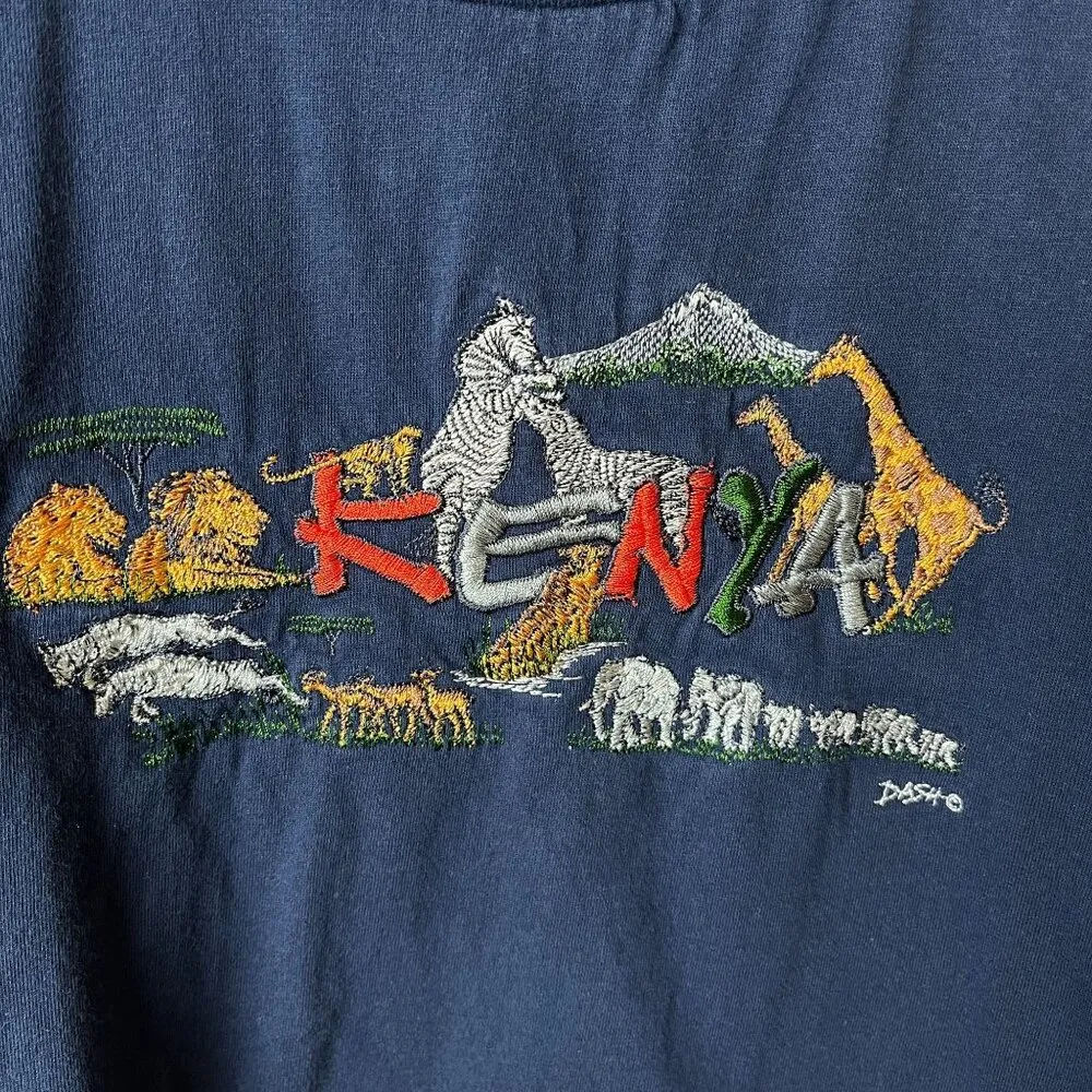 Vintage Kenya T Shirt XL Safari Embroidered Wildlife Nature Tee Dash Lions Blue - Image 6