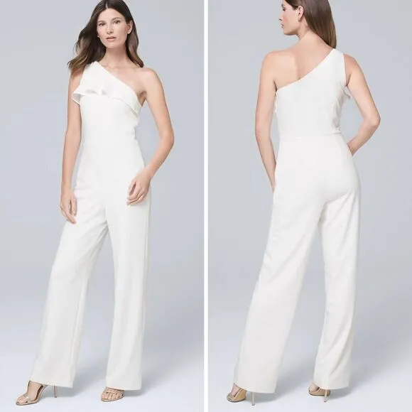 NEW White House Black Market white one shoulder‎ ruffle jumpsuit, 12 - Image 2