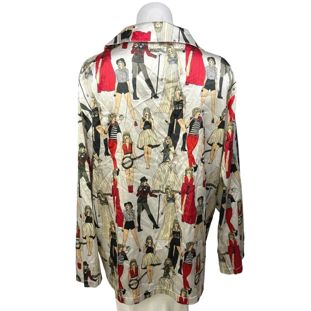 Taylor Swift Eras Tour Multicolor Silk Satin Button Up Long Sleeve Pajama Top M - Image 2