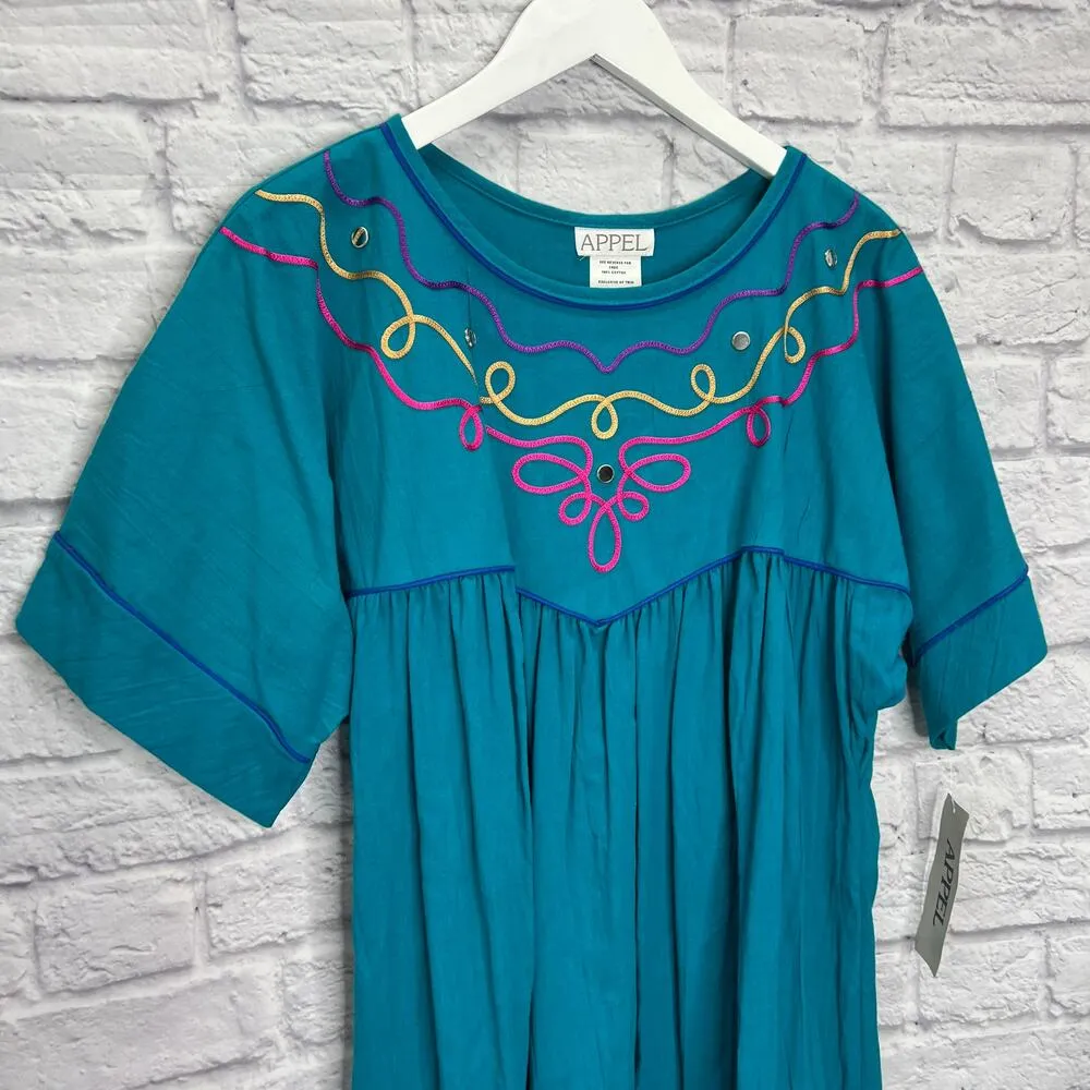 Vintage Appel Muumuu Patio Dress Turquoise Green Size L Embroidered Bling NWT Size L - Image 3