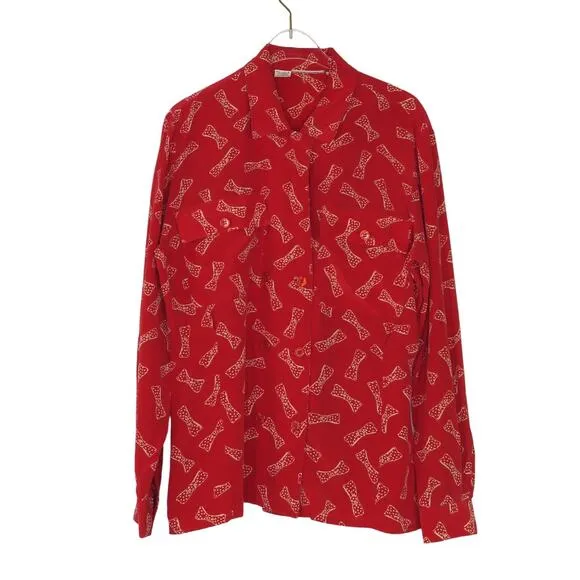 1980s Vintage Red Silk Button Down Collared Blouse with Polka Dot Bows Small - Image 2
