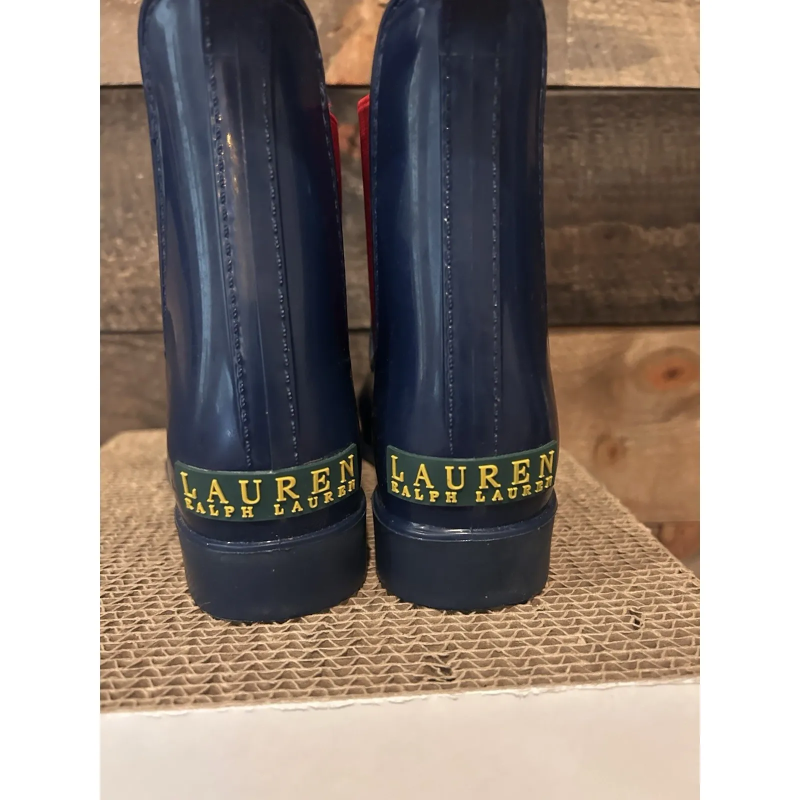 Lauren Ralph Lauren Tally Blue Red Rubber Shinny Rain Ankle Boots‎ Size 6 - Image 4