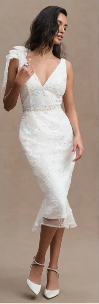 Mac Duggal 79337 Womens White FLORAL EMBELLISHED V-NECK MIDI DRESS SHOULDER BOW - Image 2