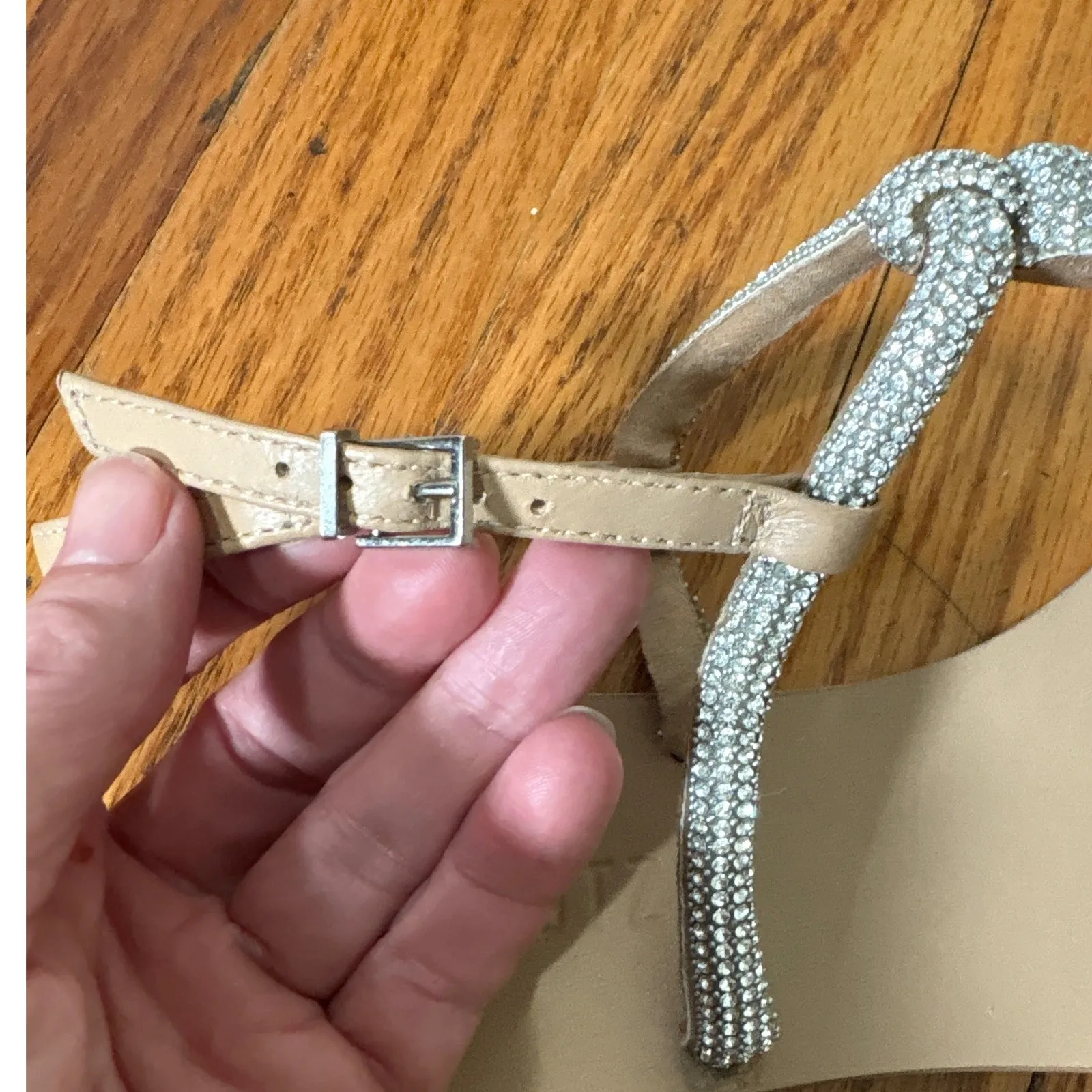 SCHUTZ Embellished Rhinestone T-Strap Sandals Tan Size 10 - Image 5