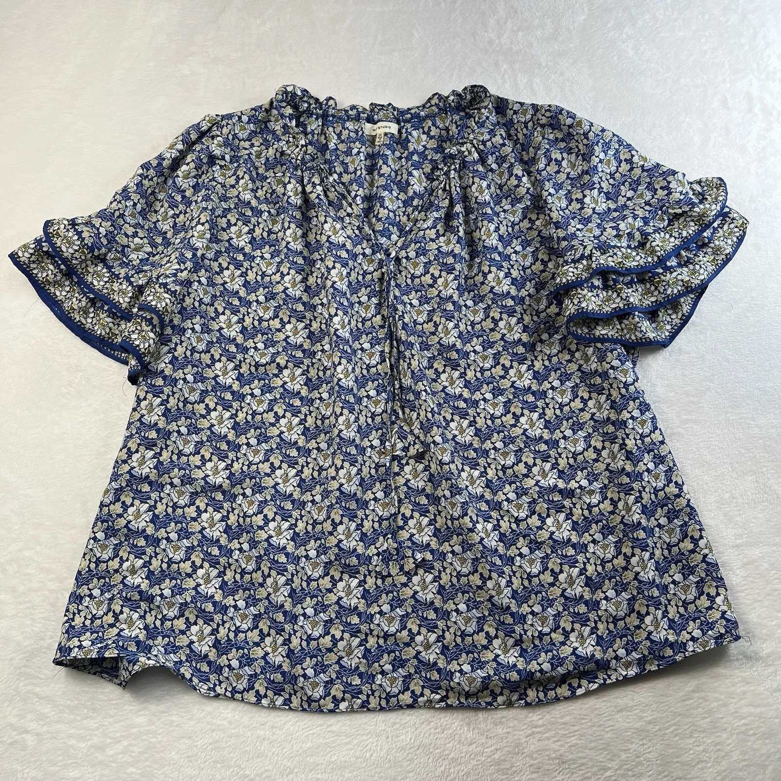 Max Studio Plus 2X Top Elbow Sleeve Ruffle Blouse Blue Floral Peasant Women's - Image 3