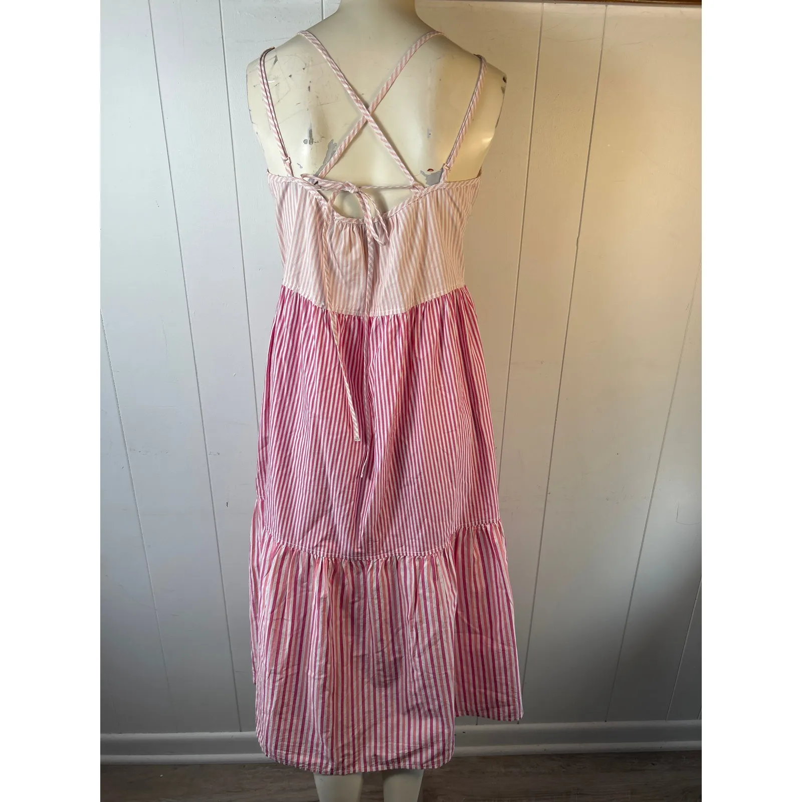 Free Assembly stripe Sleeveless Double Strap Cross Back Tiered Midi Dress Size M Pink Size M - Image 5