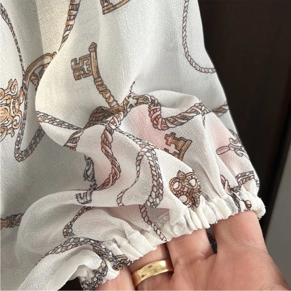 EUC White House Black Market Rope and Tassel Print Blouse - Image 7