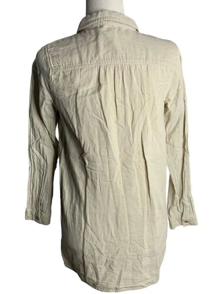Button Up Pin Tuck Pleated Tunic Shirt S Beige Long Sleeves Collared Lined - Image 4