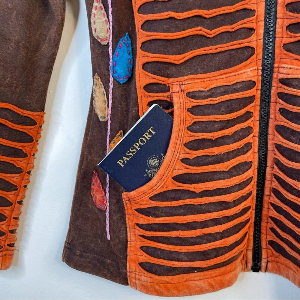 Patchwork Floral Flower Cotton Hippie Boho Nepal Zip Up Hoodie Sweatshirt S Brown - Image 5