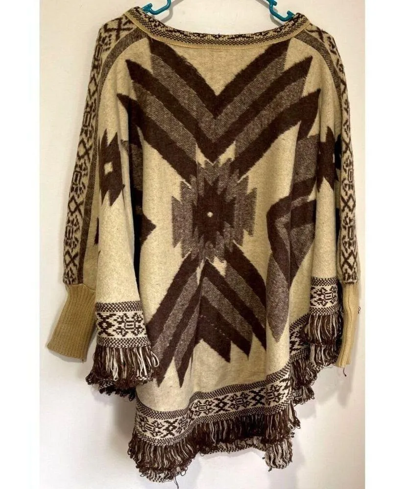Southwestern Wool Blend Poncho Sweater Fringe Size OS One Size Brown - Image 7