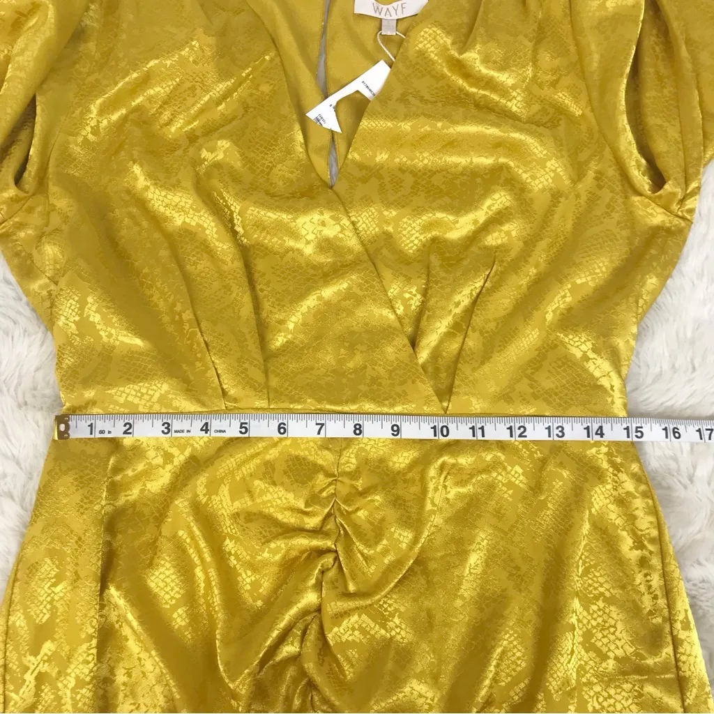 WAYF Yellow Gold Snake Print Long Sleeve Mini Dress Ruched Low Cut Large New‎ - Image 13
