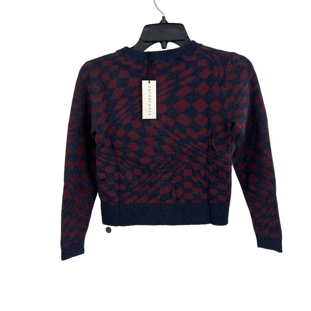 Daydreamer Cardigan Sweater Burgundy Grey Checks XS New - Image 2