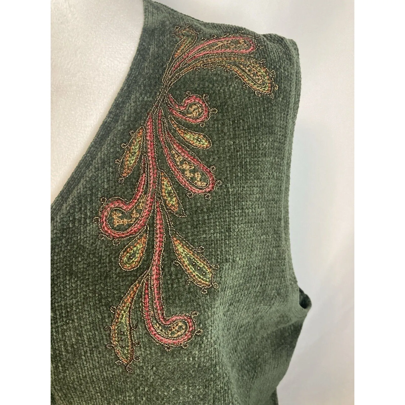 Cottagecore Cabin Granny Embroidered Sweater Vest L Green Lagenlook Vintage Size L - Image 3