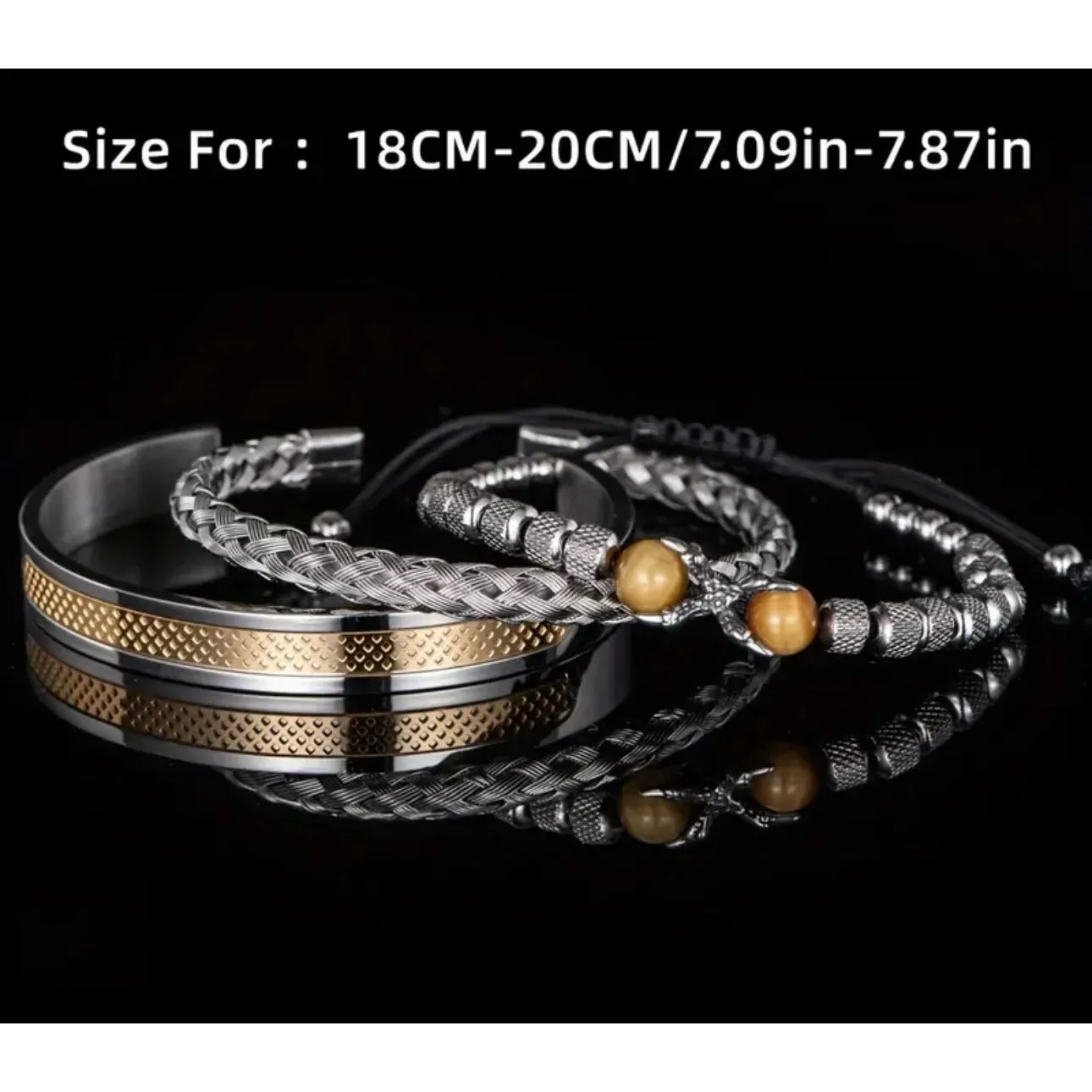 Unisex 3 pc SS Symmetrical Claw Bracelet Set Beaded Golden Gold - Image 5