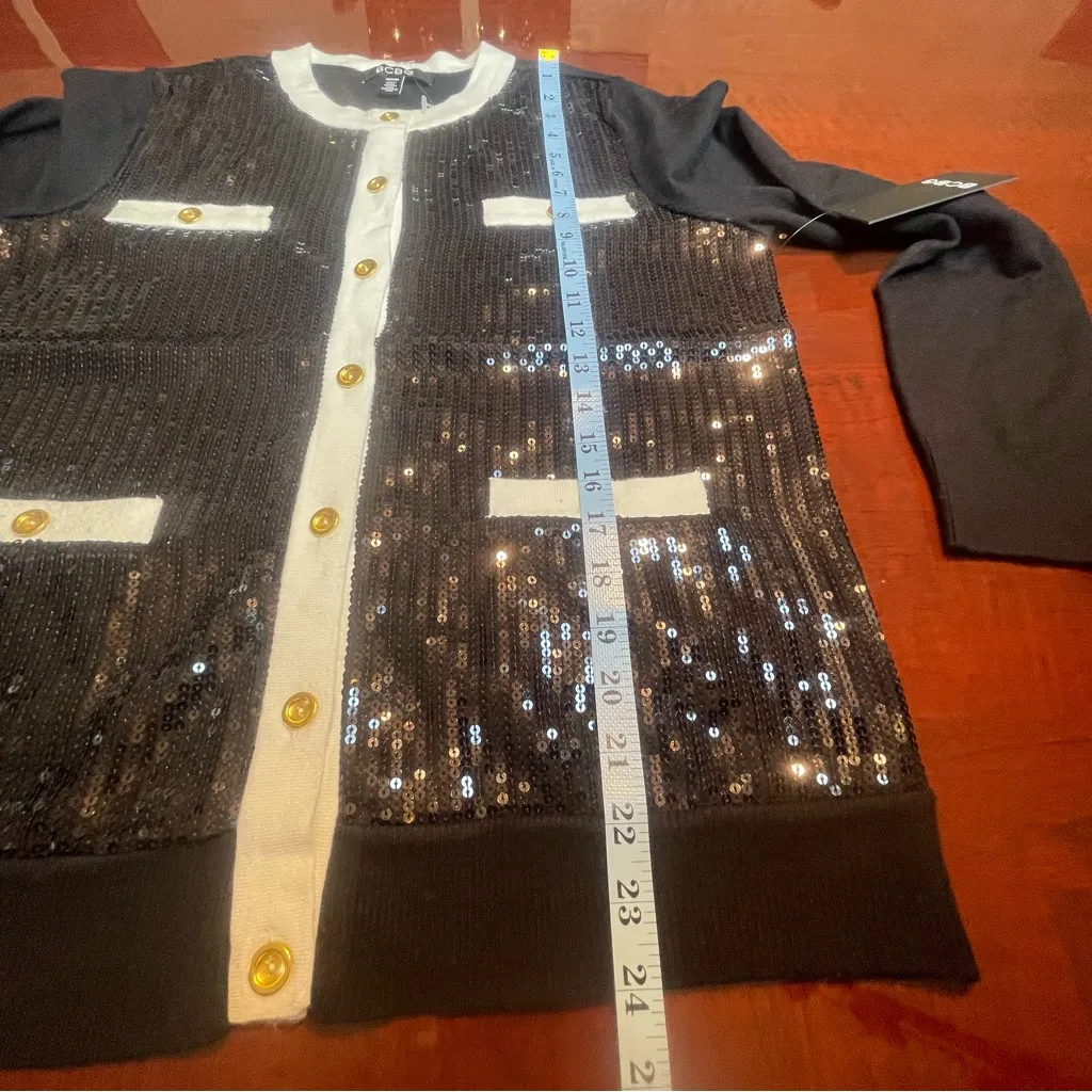 BCBG Black & Cream Sequin Knit Cardigan Holiday Fairy Grunge Whimsical Sz M Size M - Image 8