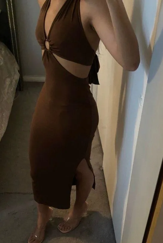 NEW Brown Front Cut Out Halter Neck Back Tie Midi Dress Size M - Image 5