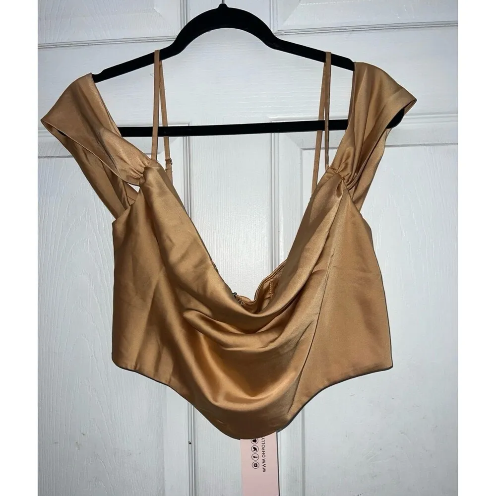 NWT oh Polly breathless Off The Shoulder Cowl Neck Corset Crop Top In Beige - Image 7