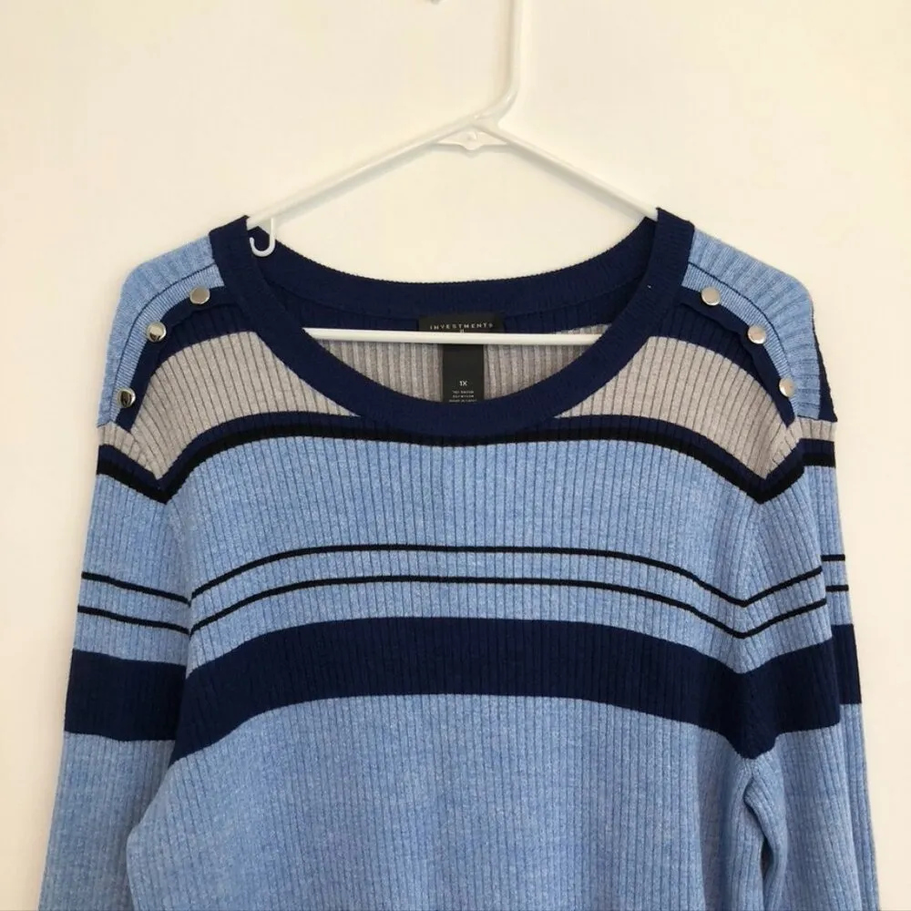 NEW NWT INVESTMENTS Plus Size Blue Light Blue Black Striped Crew Neck Sweater 1X - Image 2