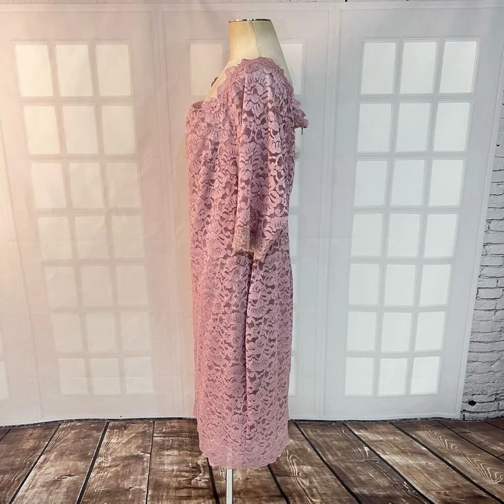 Lane Bryant Mauve Floral Lace 3/4 Sleeve Square Neck Sheath Dress Size 18 - Image 6