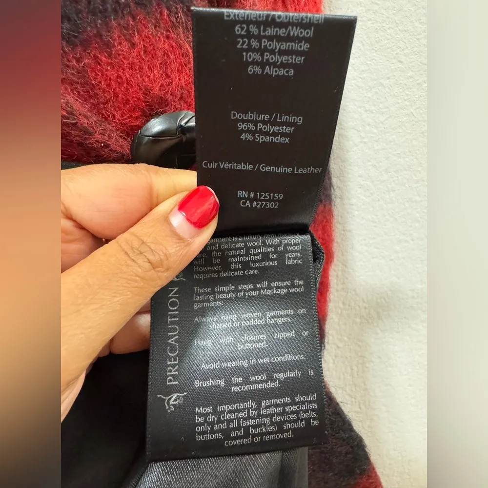 Mackage  Wool & Leather Plaid Checkered Red and Black Coat medium - Image 7