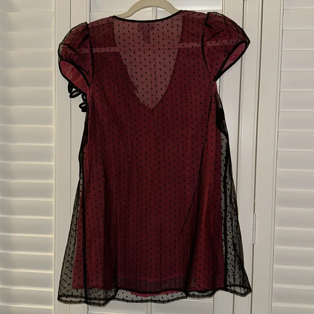 Vintage Tracey Reese Red & Black Lace Polka Dot Blouse with Black Floral Detail - Image 4