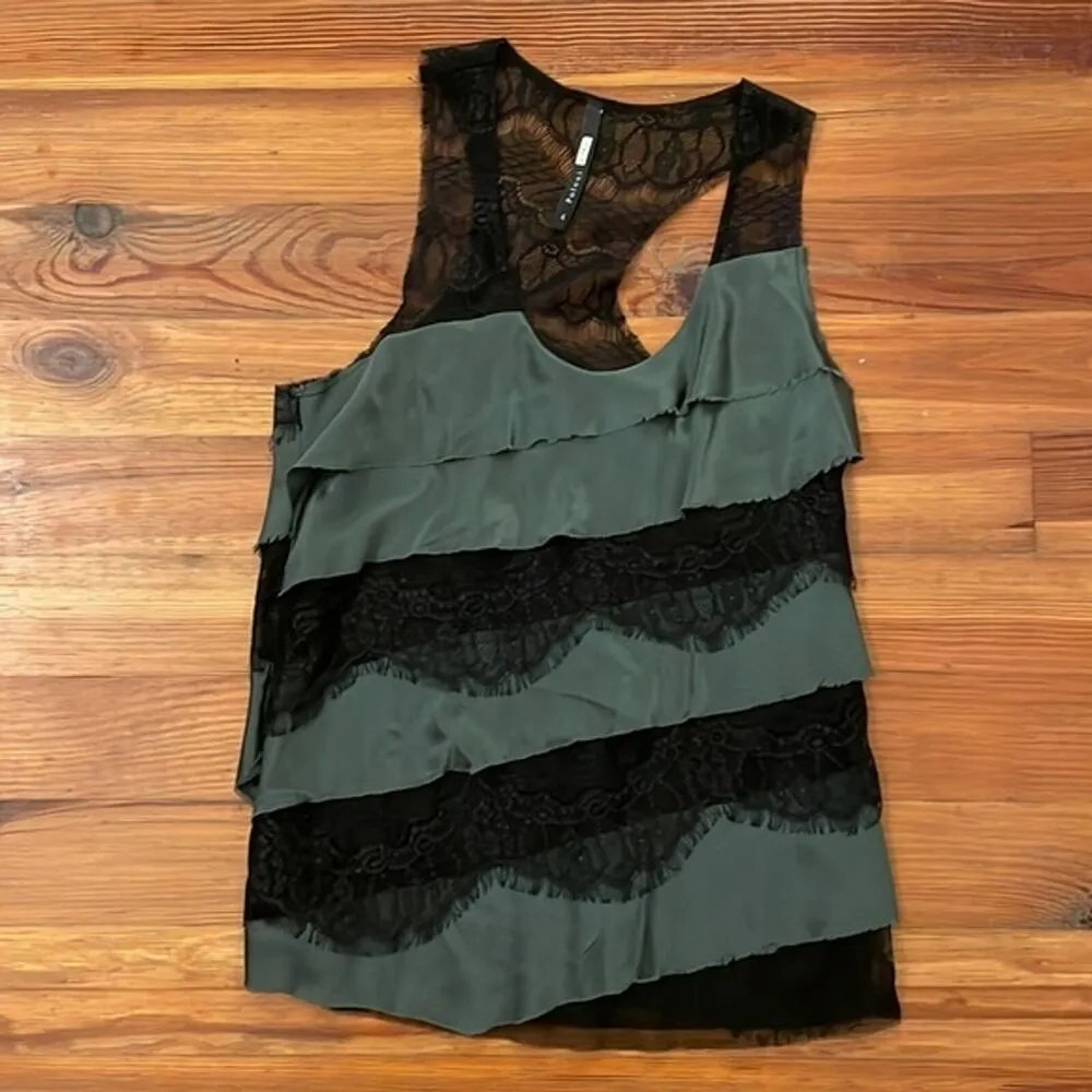 Poleci Green Silk Layered Camisole Tank Top Shirt Womens Size 4 Black Lace - Image 4