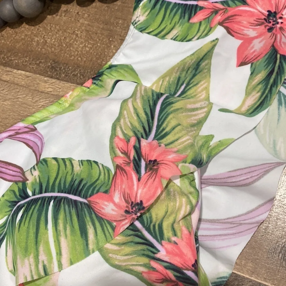 Kona Sol swimsuit‎ Off Shoulder Flounce High Coverage One Piece Tropical - Image 3