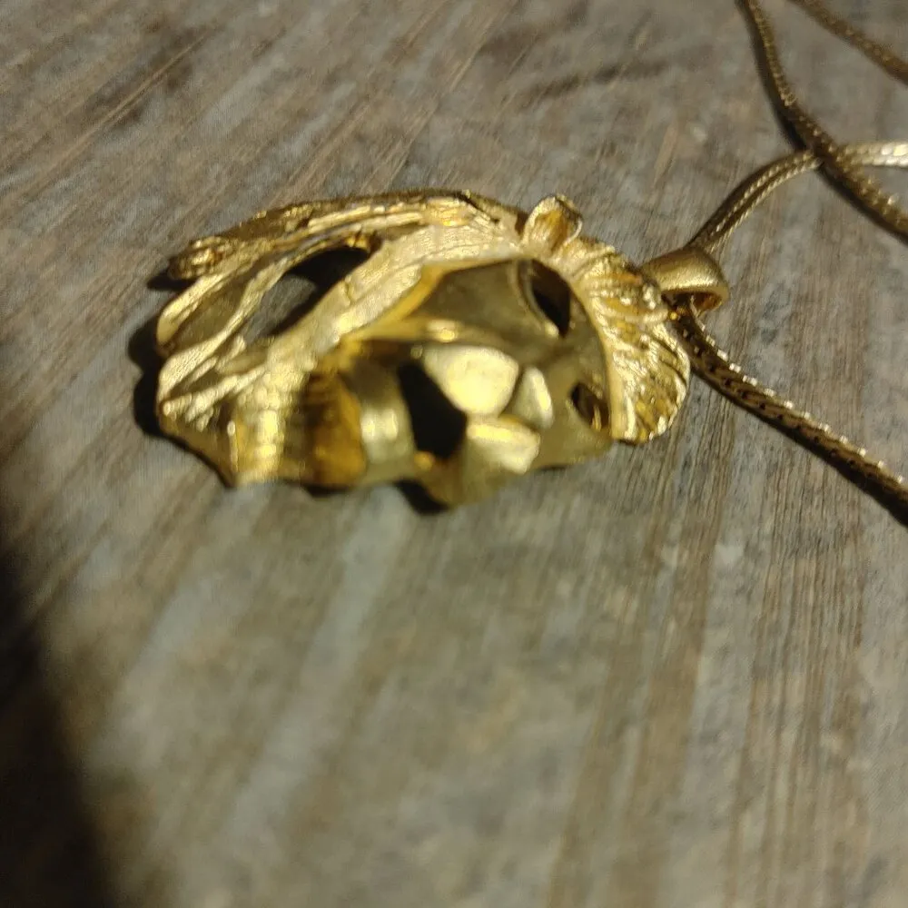 Lion Head Gold Tone Diamond Cut Pendant Necklace Chain Men Women Large Vintage - Image 7