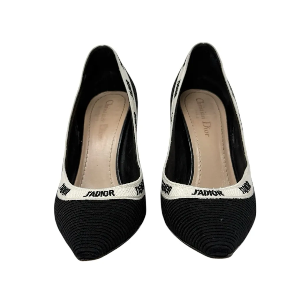 Dior J’Adior Logo Ribbon Black Canvas Slip On Pointed Toe Pumps Size 38 - Image 2