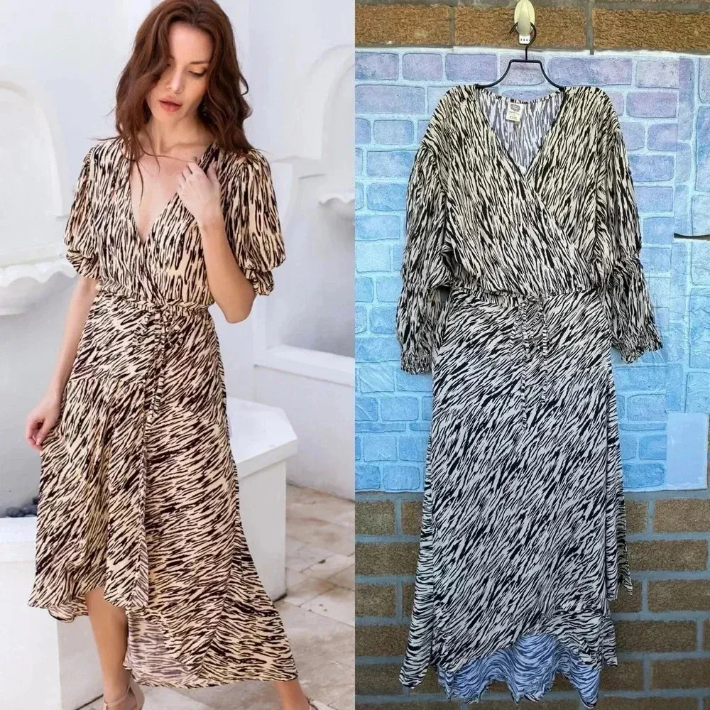 BALI ELF Set Sail Puff Sleeve Wrap Dress XXXL Brown Size undefined - Image 2