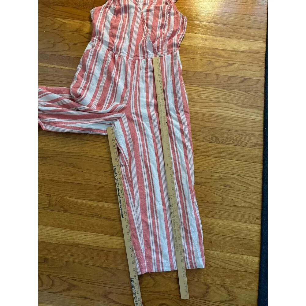 Old Navy Striped Button Front Linen Blend Jumpsuit Women's Sz S Red White Ruffle - Image 10