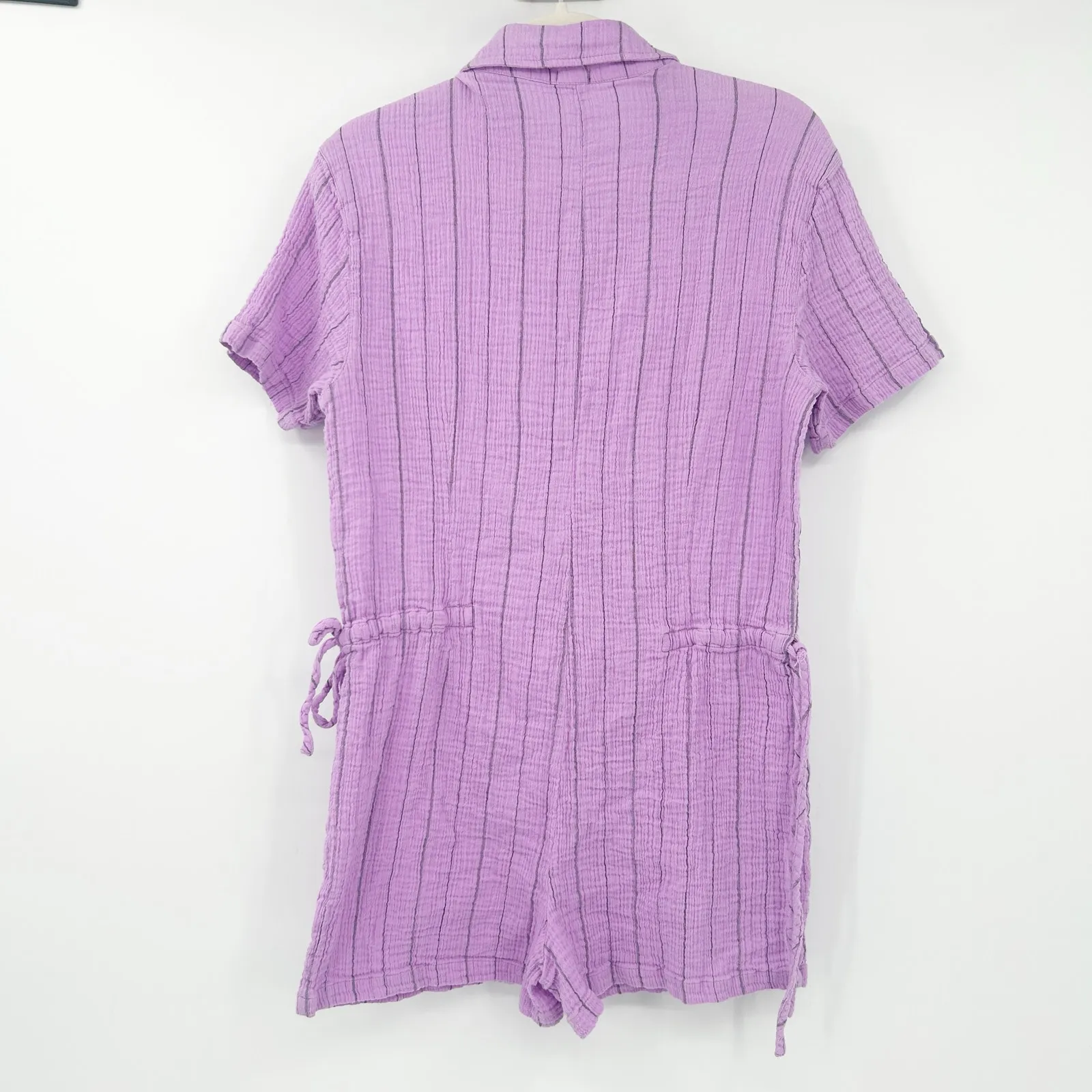 Monrow Womens Boho Pinstripe Gauzy Cotton Collared Shirt Romper Size‎ L Lavender Purple Size L - Image 8