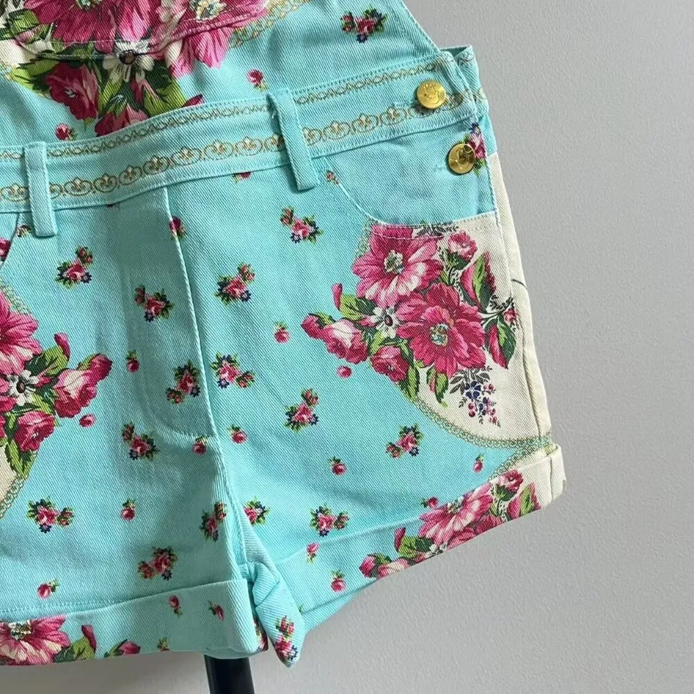 NWOT Manoush Women's Overalls Blue Denim Jeans Floral Flowers Cutoff Short 34 Size undefined - Image 3