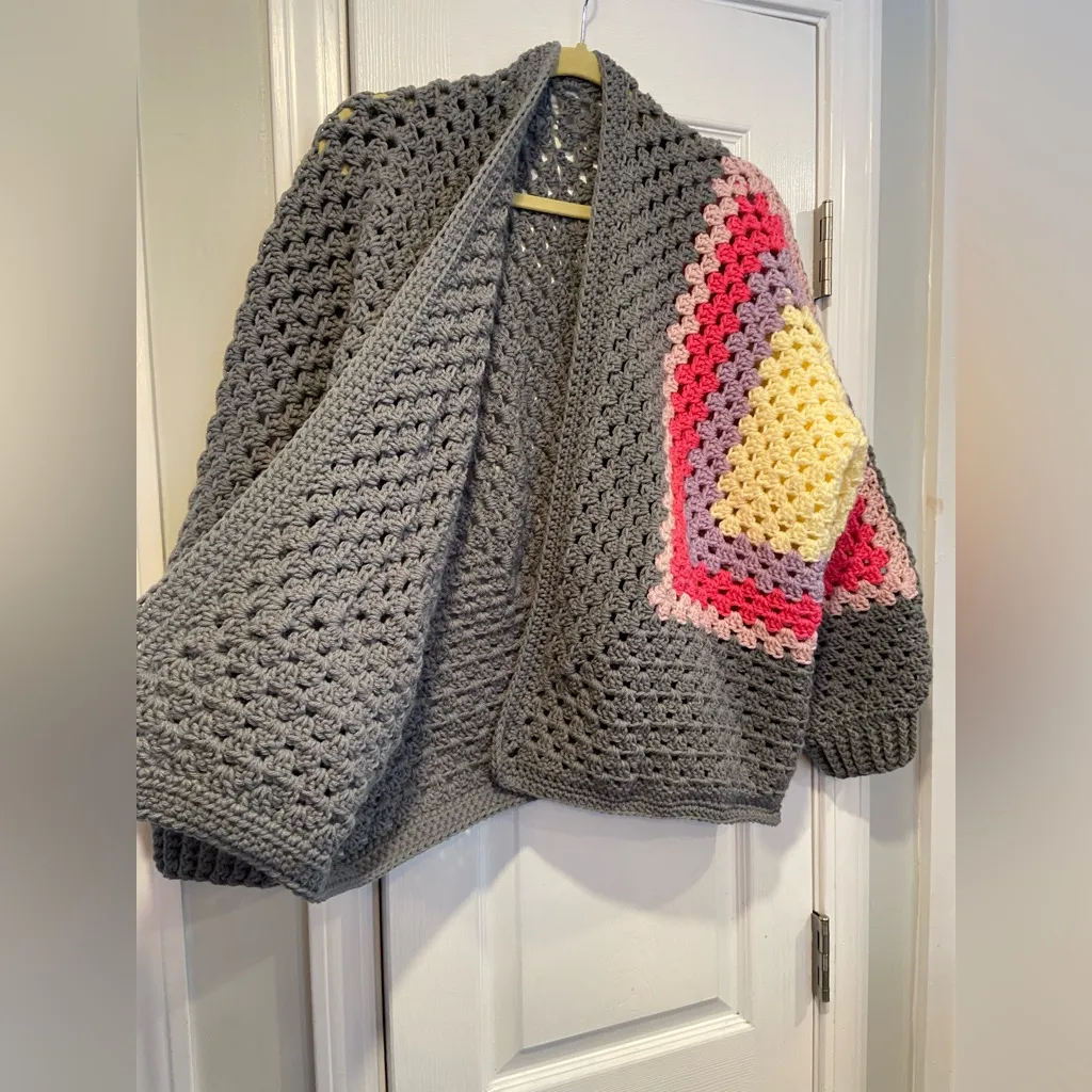 Handmade Crochet Granny Square One Size Cozy Cardigan Boho Chunky Knit Sweater - Image 4