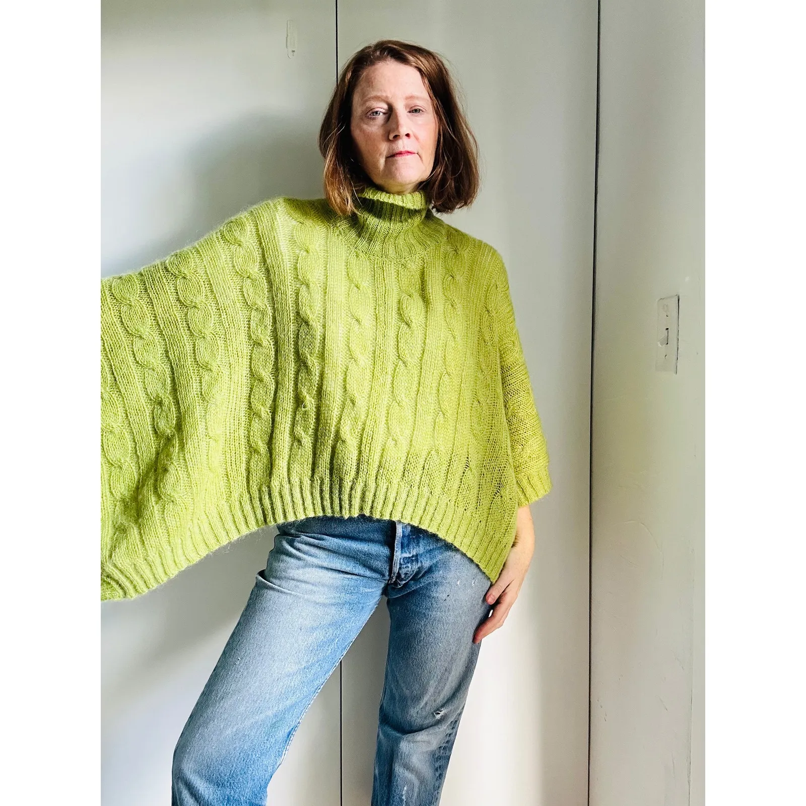 525 Women’s Mohair Knit Poncho Green Turtleneck Cozy Fall Layering Sweater OSFM - Image 3