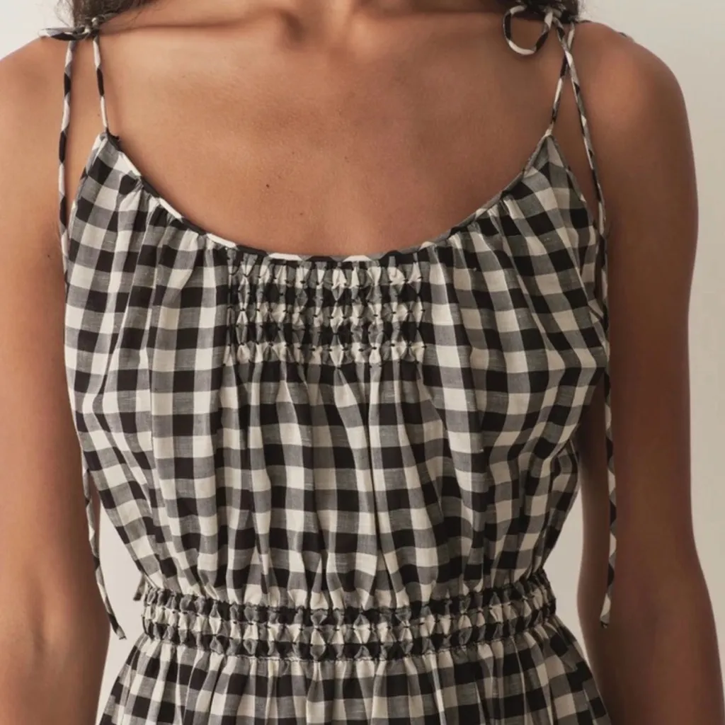 Doen NWT Leslie Linen Tie Strap Midi Dress Marilyn Gingham Black White Size M Size M - Image 3