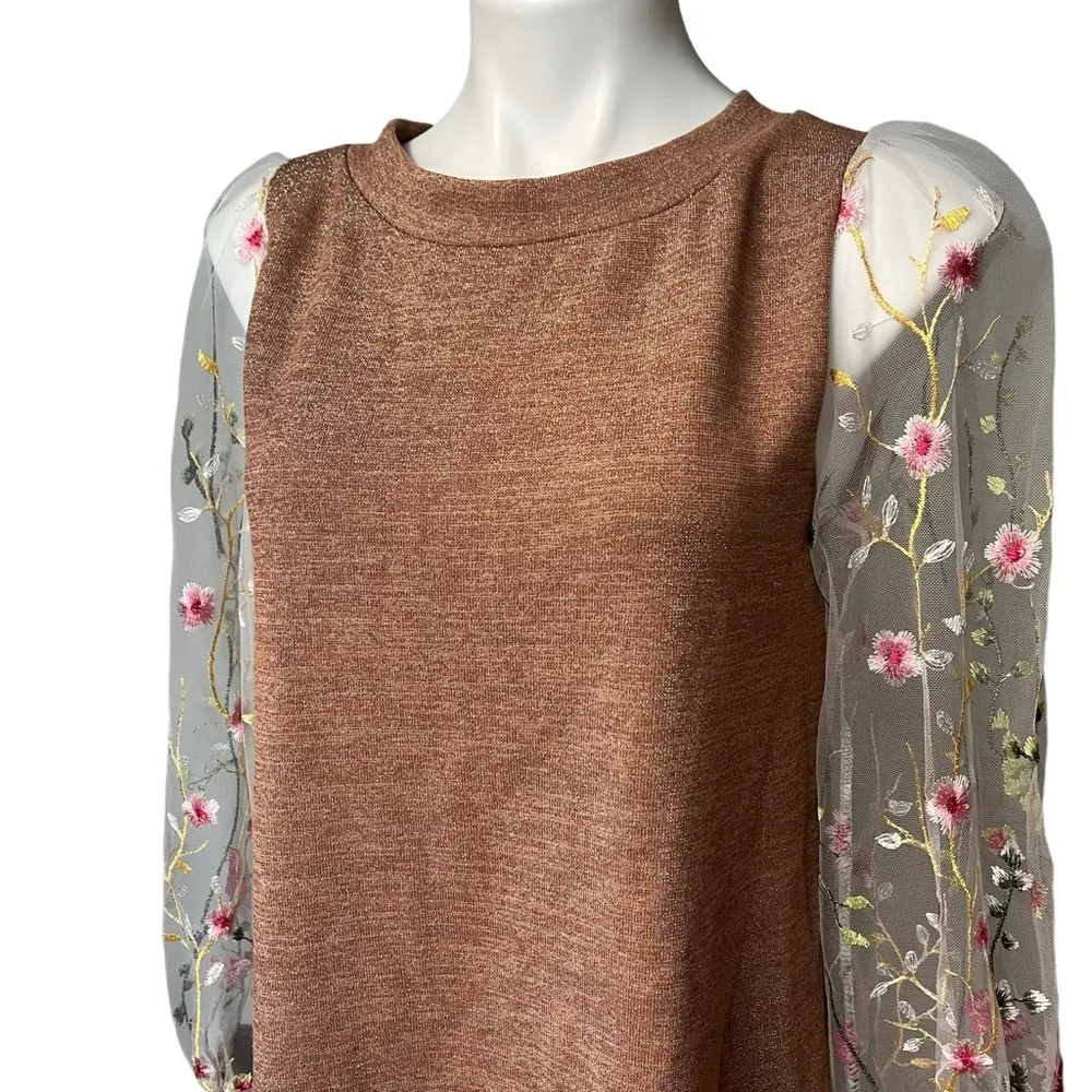 Renee C. Brown Metallic Dress with Sheer Mesh Embroidered Long Sleeves; Sz M - Image 11
