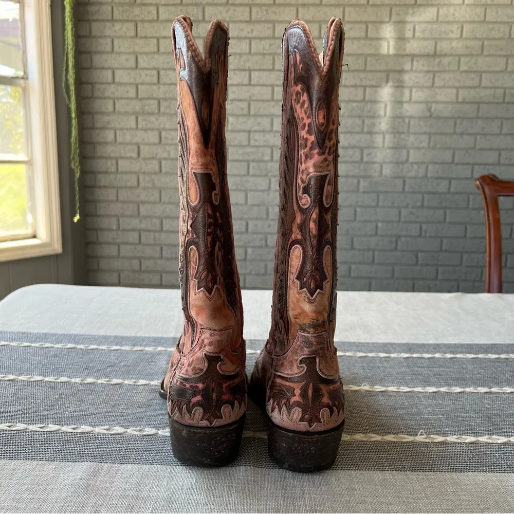 Old Gringo Eagle Distressed Pink Leather Western Boots Leopardito Cowgirl 6.5 - Image 7