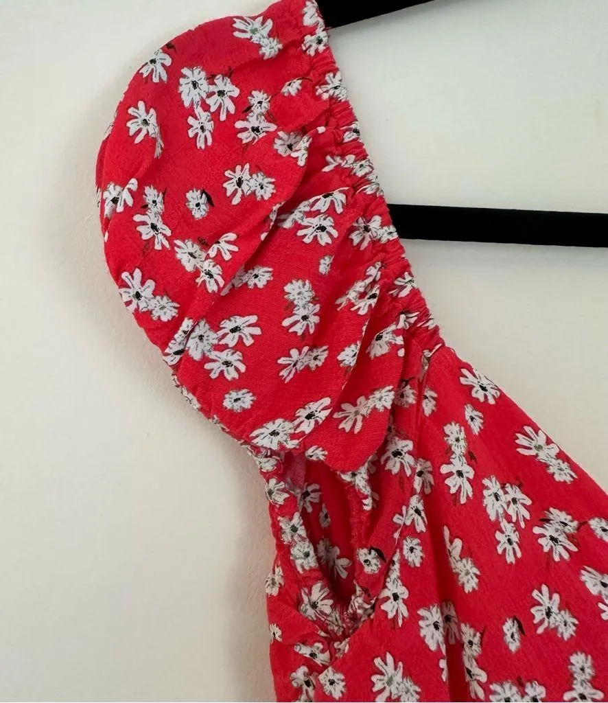 Zara Red Floral Ruched Blouse Cropped Length Size Large - Image 3