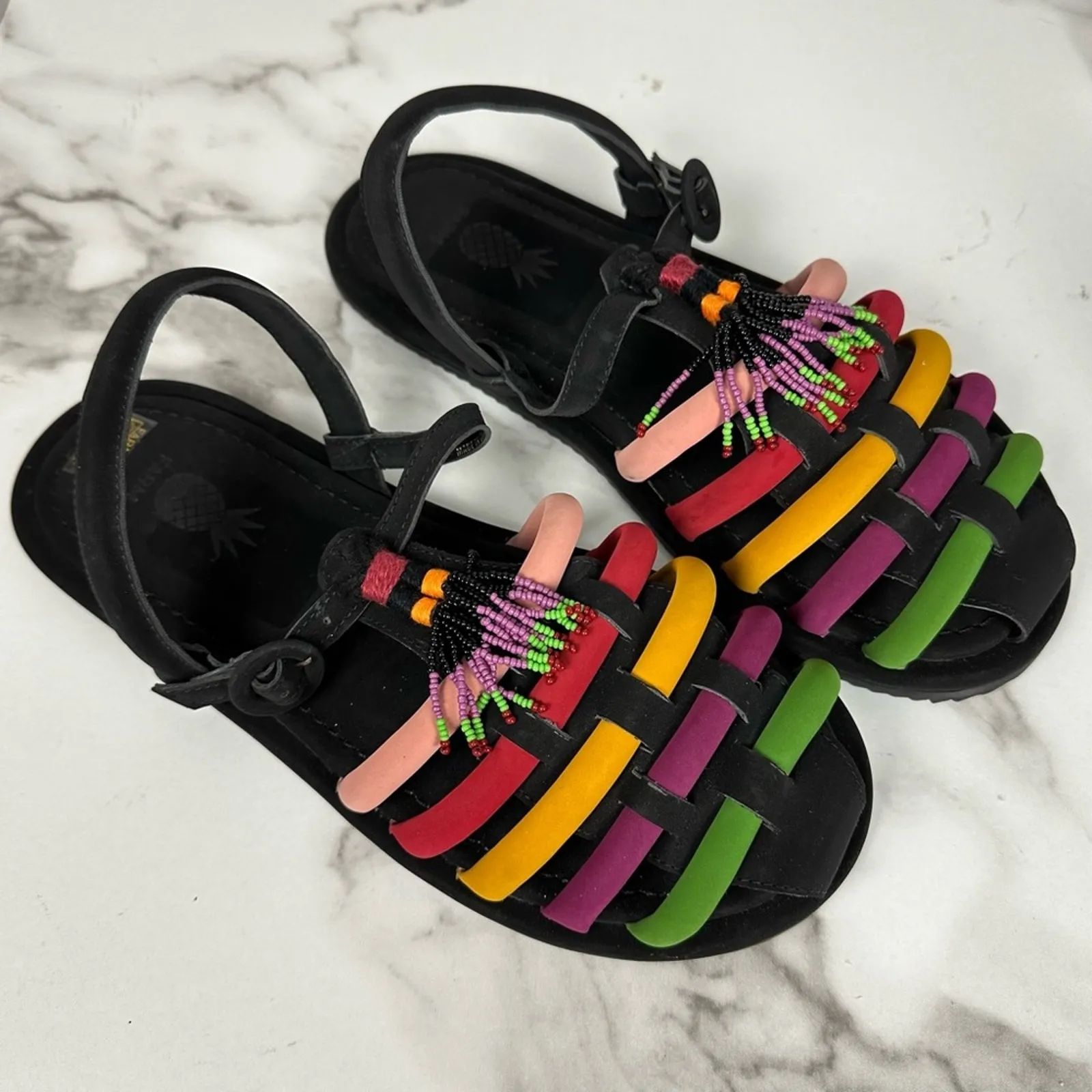 Farm Rio Beaded Rainbow Tube Strap Sandals Black Size 11 Like New - Image 2