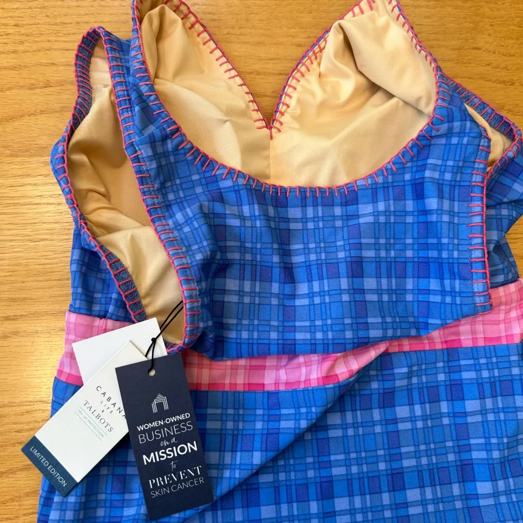 NWT CABANA LIFE x TALBOTS High Neck One Piece Sunrise Plaid Swimsuit Size Small Blue - Image 3