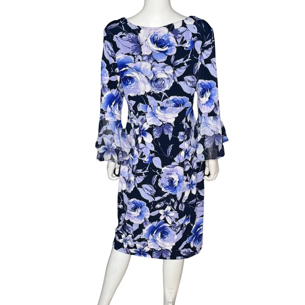 Connected Apparel Gathered-Waist 3/4-Sleeve Sheath Dress Navy Periwinkle Sz 14 - Image 4