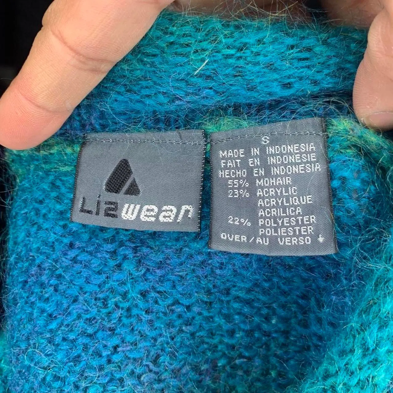 VTG 90s Liz Claiborne Mohair Blend Shaggy Green and Blue Striped Sweater Small - Image 3