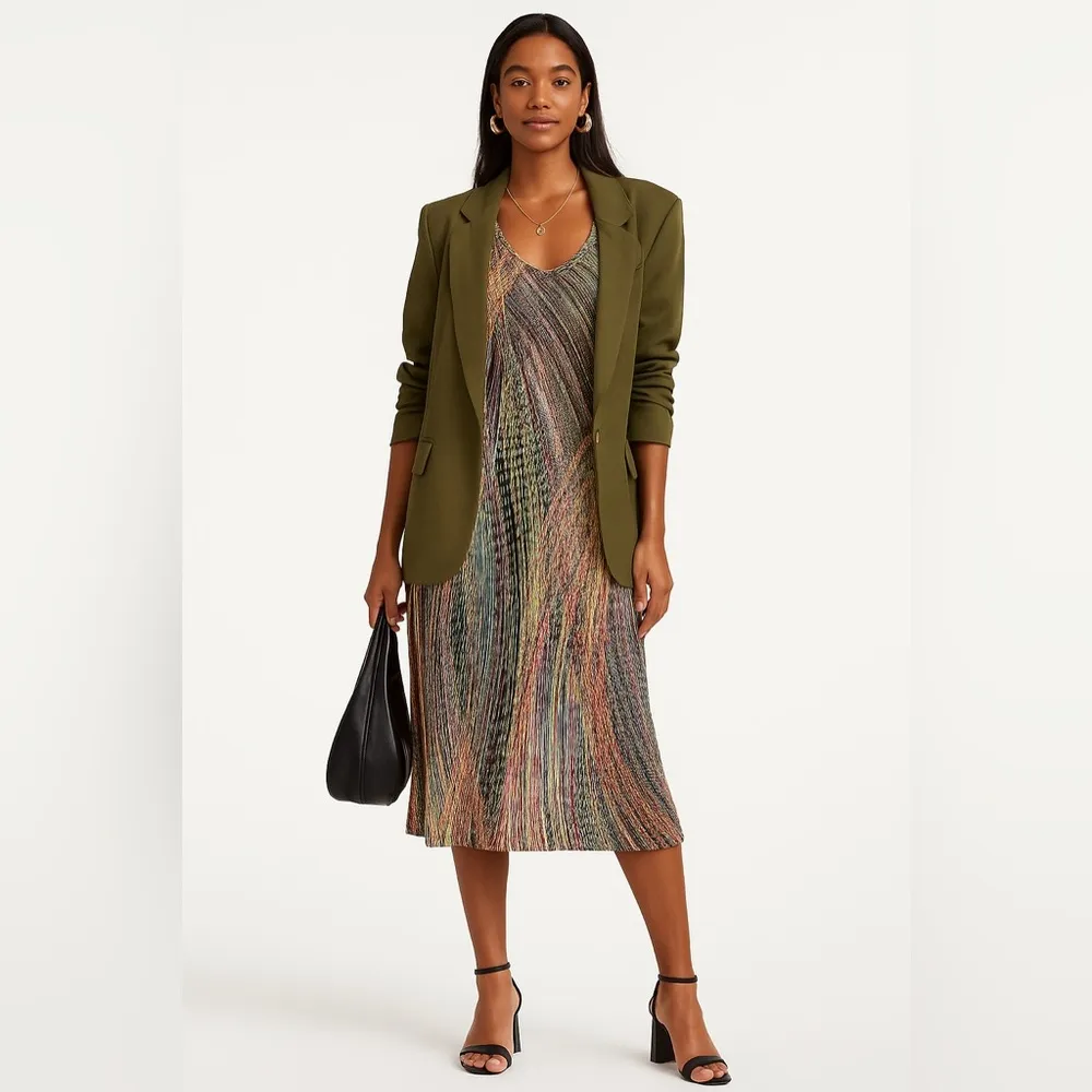 Plissé Midi Dress Size Medium Abstract Orange - Image 10