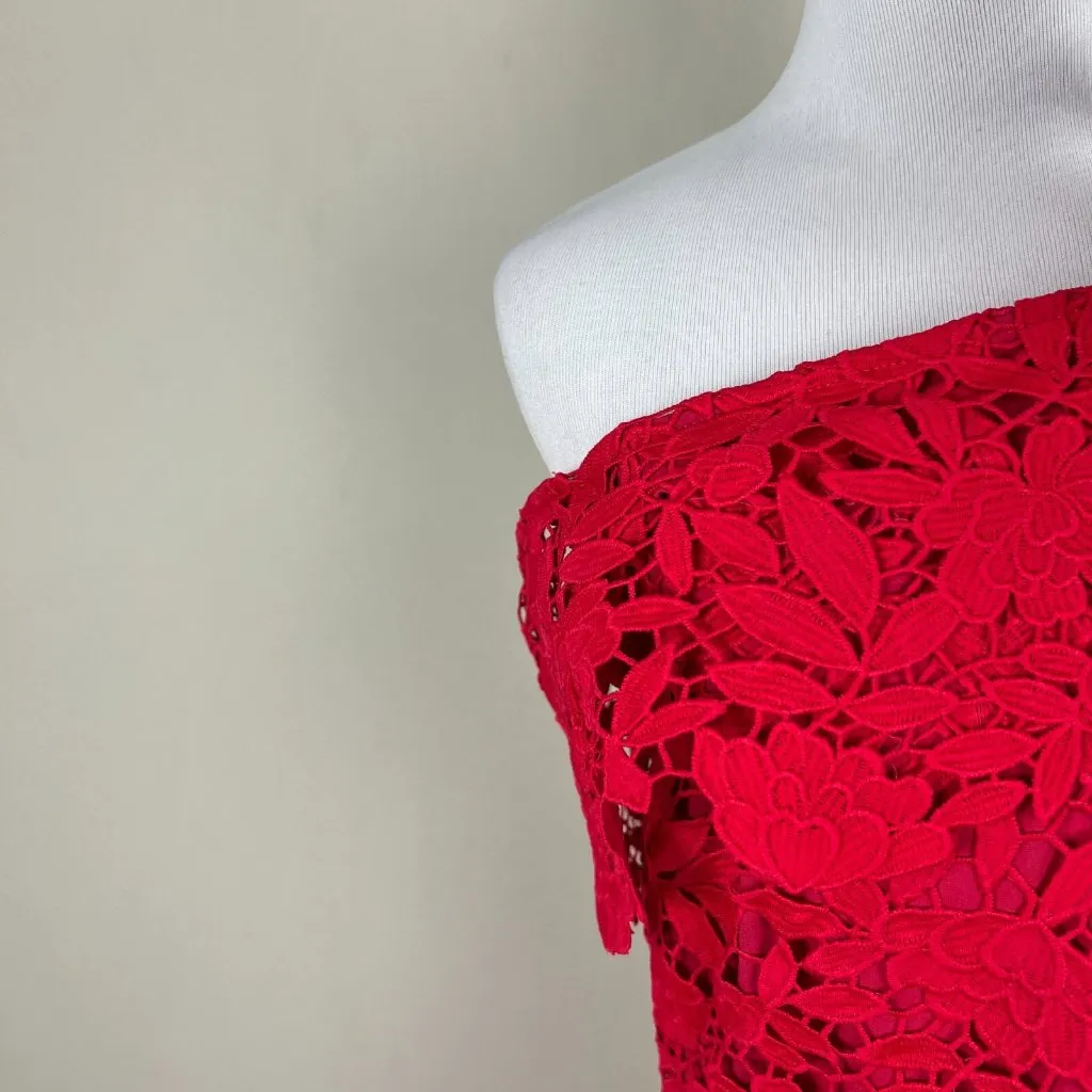 Anthropologie Shoshanna Dress Womens 8 Red Lace Sheath‎ Off Shoulder Fitted Sexy - Image 6