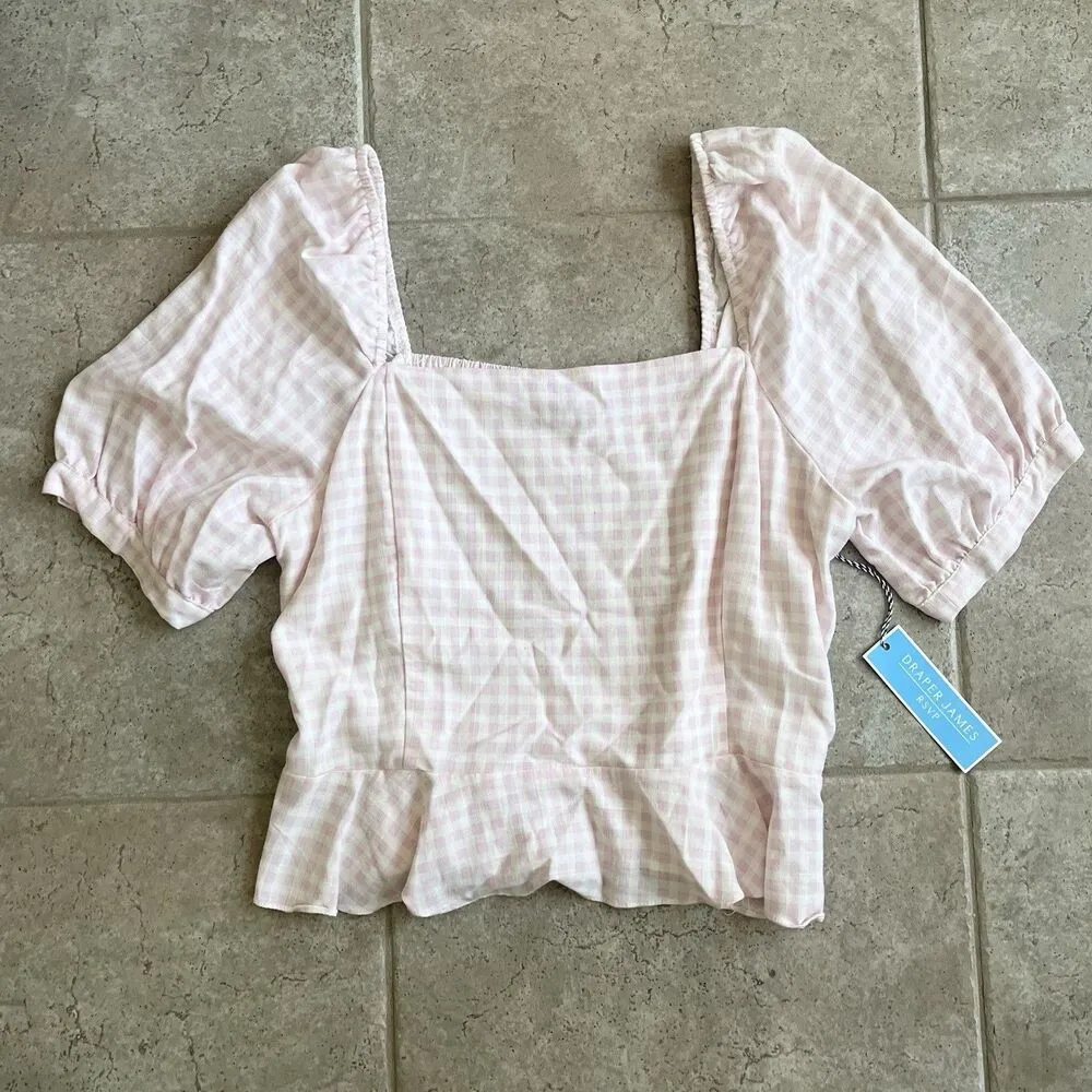 Draper James Pink Gingham Smocked Peplum Hem Blouse XL - Image 2